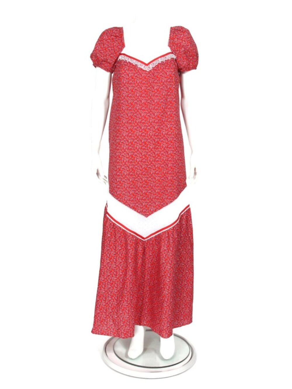 Vtg Mako Hawaii Lace Mu’u Mu’u Maxi Dress Size S/M Cap Sleeves Red White  /875